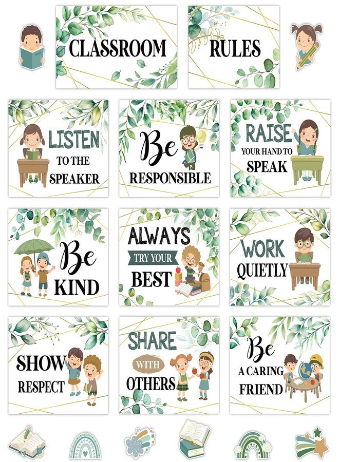 Harloon 43 Pcs Classroom Rules Posters Class Rules Bulletin Board Motivational Educational Behavior Wall Decor Good Habits Banner for Back to School Party Wall Decor Supplies (Bright Color,Eucalyptus) - Image 1